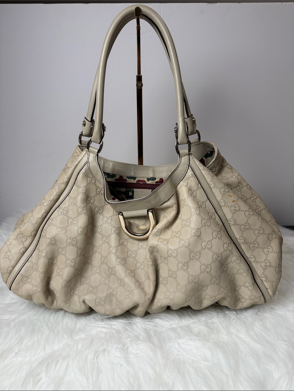Gucci Abbey D-Ring Guccissima Cream Leather Large Hobo Shoulder Bag 189835